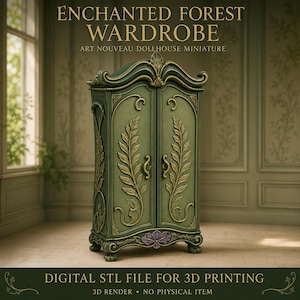 Puede incluir: Un armario de casa de muñecas verde con tallas doradas en forma de hoja en las puertas, una parte superior curva y un pequeño acento floral morado en la base. El texto dice ENCHANTED FOREST WARDROBE ART NOUVEAU DOLLHOUSE MINIATURE DIGITAL STL FILE.