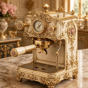 May include: An ornate cream and gold espresso machine featuring intricate scrollwork, a central analog clock face, and floral accents. The device includes a portafilter with a cream handle, a metal drip tray, and a steam wand, all finished with detailed gold-toned metal relief patterns.