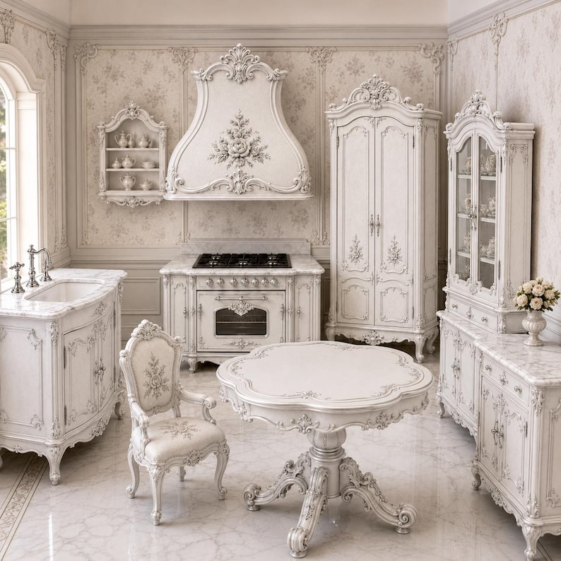 May include: A kitchen set featuring off-white cabinetry with ornate carvings, a marble-topped island, a stove with a decorative hood, a tall armoire, a glass-front display cabinet, a round table, and a matching upholstered chair with floral motifs.