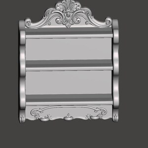 May include: A light gray wall-mounted shelf unit featuring two horizontal tiers and a decorative top crest with ornate scrollwork. The structure includes curved side panels and a bottom apron with carved detailing, presented in a solid matte finish.