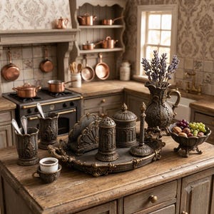 Puede incluir: Una escena de cocina en miniatura con utensilios de cocina de cobre, una estufa y una encimera de madera. Una bandeja decorativa contiene un salero, un servilletero y otros objetos ornamentados. Un jarrón de lavanda y un cuenco de fruta.