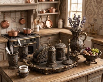 May include: A miniature kitchen scene with copper cookware, a stove, and a wooden countertop. A decorative tray holds a salt shaker, napkin holder, and other ornate items. A vase of lavender and a bowl of fruit add color.