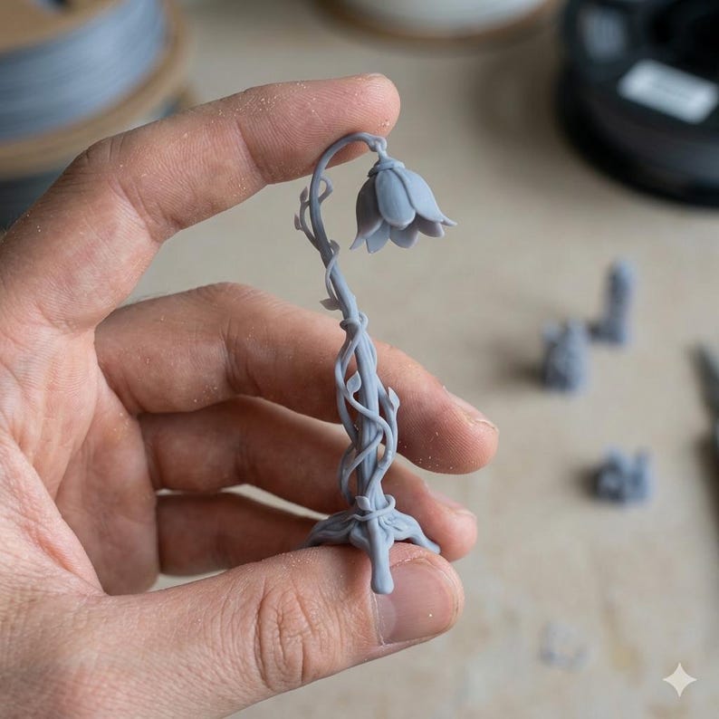 Może przedstawiać: Szara, drukowana w 3D miniaturowa lampa z kwiatowym wzorem. Lampa ma klosz w kształcie kwiatu, łodygę ze splecionymi pnączami i dekoracyjną podstawę. Lampa jest trzymana w dłoni, a w tle widoczne są inne małe figurki.