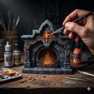Puede incluir: Una chimenea de piedra gris en miniatura con detalles en bronce está siendo pintada con un pincel de detalle. Se ven botes de pintura acrílica en gris piedra, bronce envejecido y naranja fuego. Una paleta y herramientas están sobre una superficie de madera.