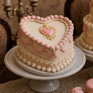 May include: A heart-shaped cake with smooth off-white frosting, decorated with pale pink piped borders, swags, and a central pink heart emblem framed in gold. The base features a delicate white lace-like trim and a row of small white frosting spheres.