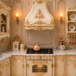 May include: A miniature kitchen scene featuring cream-colored cabinetry with gold trim, a central range hood adorned with a floral motif, a black stovetop with a copper-colored teapot, wall-mounted lamps, and shelves displaying floral-patterned plates.