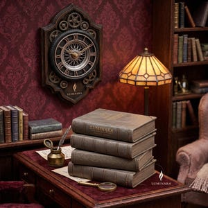 May include: A steampunk-style wall clock with a dark wood frame and gear accents. Below the clock is a stack of leather-bound books, a magnifying glass, and an inkwell. The word "Luminara" is visible on the clock and books.