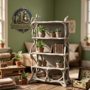 May include: A light gray, sculptural bookshelf with four shelves, filled with potted plants and books. The bookshelf has a unique, organic design. The background includes a wooden floor, a small table, and a wall with a decorative sign that reads "Luminara Miniat".