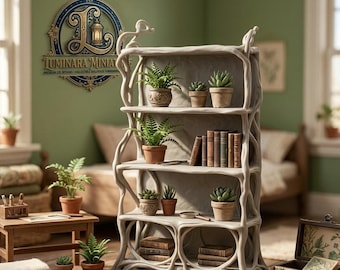 Può includere: Una libreria scultorea grigio chiaro a quattro ripiani, piena di piante in vaso e libri. La libreria ha un design unico e organico. Lo sfondo include un pavimento in legno, un tavolino e una parete con un'insegna decorativa "Luminara Miniat".