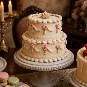May include: A two-tiered beige cake decorated with piped cream borders, scalloped edges, and pink floral accents with gold-toned tassels. The cake features draped icing swags and a central rosette on the top tier, all displayed on a pedestal.