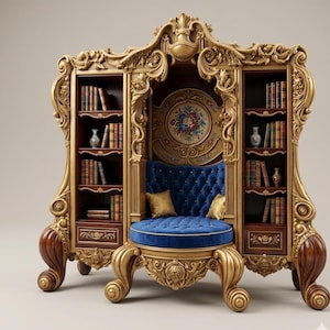 May include: A luxurious, ornate reading nook with a gold-colored frame and dark wood accents. It features a tufted blue velvet seat with gold pillows, flanked by bookshelves filled with books and decorative vases. The back panel has a floral design.