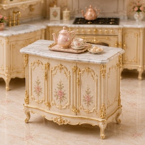May include: A miniature kitchen island with a white marble top, cream-colored cabinet doors featuring gold trim and pink floral motifs, and cabriole legs. On top sits a pink teapot, a matching teacup on a saucer, and a small bowl of white treats.