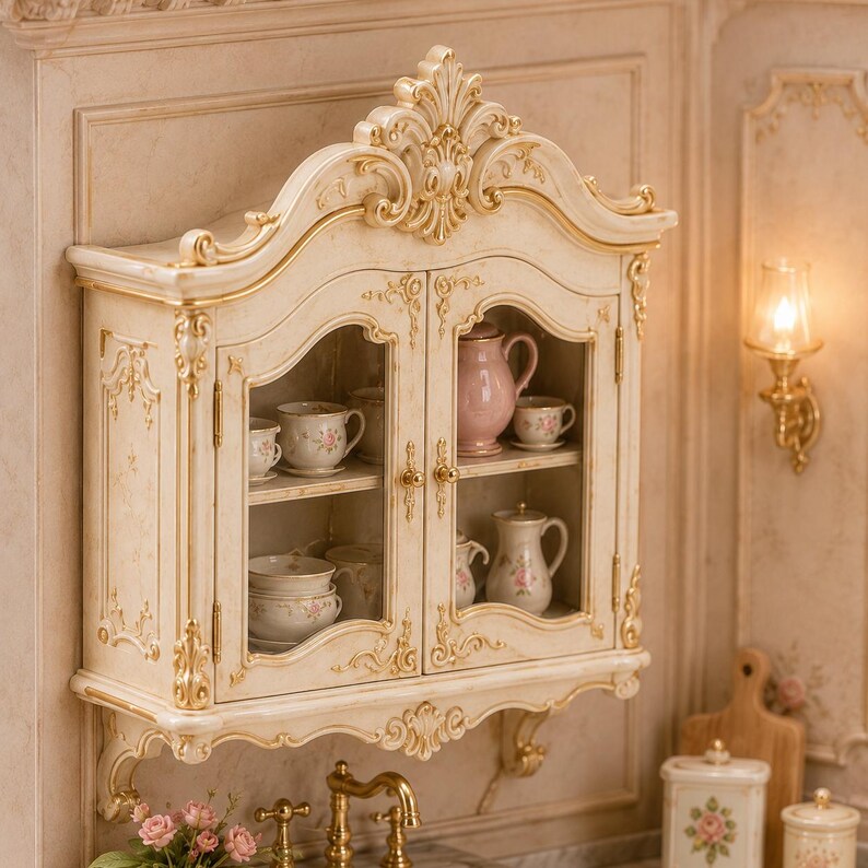 May include: A cream-colored wall-mounted cabinet with gold-toned ornate carvings and two glass doors. Inside, the shelves hold several small ceramic teacups, saucers, and pitchers, each decorated with delicate pink floral patterns and green leaves.