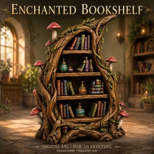May include: A brown tree-shaped bookshelf with four shelves holding various books and decorative jars. The structure features red-capped mushrooms and green vines. The text reads ENCHANTED BOOKSHELF, DIGITAL STL FOR 3D PRINTING, Painted render, Digital file only.