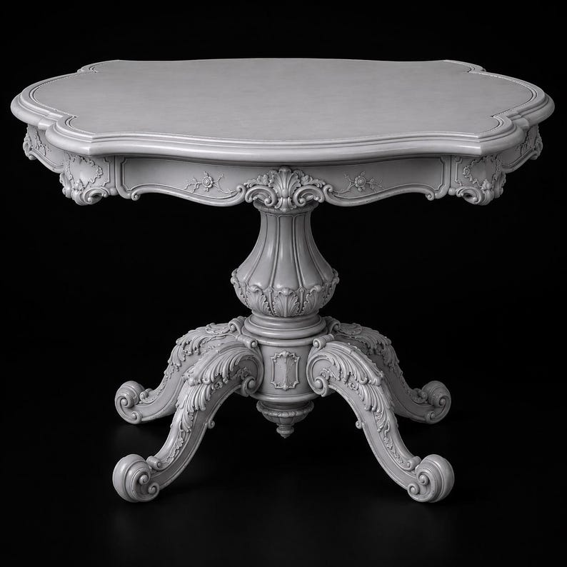 May include: A light gray pedestal table featuring a scalloped tabletop edge and intricate carved floral and scrollwork detailing along the apron. The central column is fluted and rests on four ornate, curved legs with detailed leaf carvings.