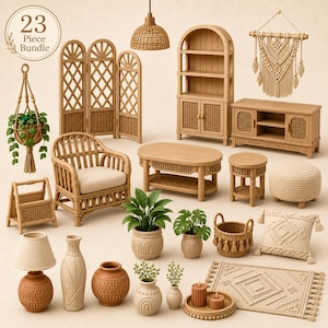 May include: A 23-piece miniature furniture bundle featuring light brown rattan-style items including a room divider, bookshelf, media console, armchair, coffee table, side table, ottoman, hanging plant, lamps, vases, baskets, and a rug.
