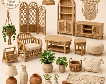 May include: A 23-piece miniature furniture bundle featuring light brown rattan-style items including a room divider, bookshelf, media console, armchair, coffee table, side table, ottoman, hanging plant, lamps, vases, baskets, and a rug.
