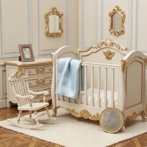 Puede incluir: Un juego de guardería en miniatura con una cuna, una cómoda y una mecedora de color crema. La cuna tiene detalles dorados y una manta azul. Una foto enmarcada y dos espejos dorados están en la pared. Una moneda de euro está en primer plano.