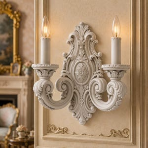 May include: A wall-mounted light fixture featuring two candle-style bulbs set within a cream-colored, ornate frame. The central panel displays intricate scrollwork and floral carvings, with two curved arms extending outward to support the light sockets.
