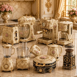 Peut inclure: Une collection d'appareils de cuisine comprenant un grille-pain, un batteur sur socle, une machine à expresso, une cafetière, un mixeur, un robot culinaire, un batteur à main, une bouilloire, un gaufrier et un moulin à café, ornés de motifs floraux.
