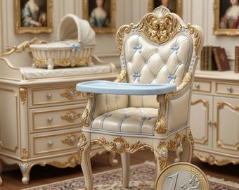 Può includere: Seggiolone per bambini ornato, con vassoio azzurro, rivestimento color crema e dettagli dorati. La sedia ha lo schienale trapuntato e fa parte di un set per la cameretta coordinato. Una moneta da un euro in primo piano.