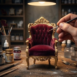 May include: Miniature burgundy velvet armchair with gold trim, being painted with a fine brush. The chair has ornate details and a tufted back. Paint jars and brushes surround the chair on a wooden surface.