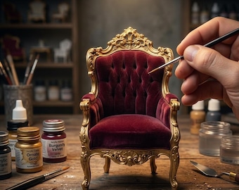 Può includere: Poltroncina in velluto bordeaux in miniatura con finiture dorate, in fase di verniciatura. La sedia ha uno schienale trapuntato e dettagli dorati. Barattoli di vernice e pennelli circondano la sedia su una superficie di legno.