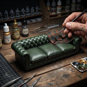 Pode incluir: Sofá de couro verde em miniatura com capitonê. Uma mão segura um pincel, aplicando detalhes a um tecido xadrez drapeado sobre o sofá. Frascos de tinta e figuras em miniatura sugerem um projeto de hobby ou artesanato.