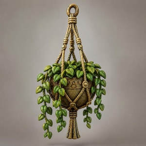 Op de afbeelding: Een hangende plantenbak met een donkerbruine, getextureerde kom met een decoratieve band, opgehangen aan een gevlochten touwnet. Een hangende groene plant met hartvormige bladeren groeit over de randen van de kom, wat een watervaleffect creëert.