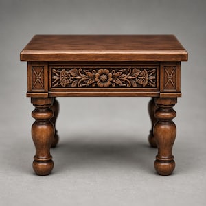 May include: A small, square, dark brown wooden table featuring four turned legs and a decorative front panel. The central panel displays a detailed relief carving of a flower surrounded by leaves, flanked by two smaller square panels with an X-shaped design.