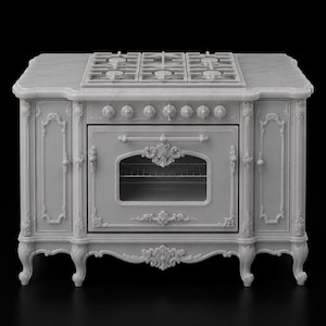 May include: A light gray kitchen range featuring a central oven with a glass window, a stovetop with six burners, and two side cabinets. The unit is decorated with ornate, raised floral carvings and stands on four curved legs with a marble-like top.