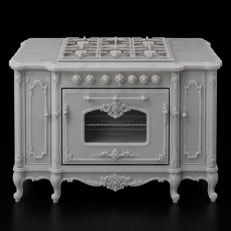 May include: A light gray kitchen range featuring a central oven with a glass window, a stovetop with six burners, and two side cabinets. The unit is decorated with ornate, raised floral carvings and stands on four curved legs with a marble-like top.