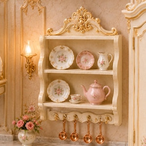 May include: A cream-colored wall shelf with gold accents and a decorative top crest. The two shelves hold two floral plates, a small pitcher, a pink teapot, and a teacup. Four gold-toned ladles hang from hooks on the bottom edge of the shelf.