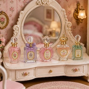 Pode incluir: Uma penteadeira em miniatura com espelho e cinco frascos de perfume decorativos. Os frascos são rosa, roxo e verde, com tampas douradas e de cristal ornamentadas. A penteadeira é branca com detalhes florais, sobre um papel de parede rosa floral.