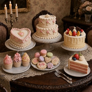 Può includere: Una collezione di torte decorative, cupcake, biscotti e macaron con dettagli di glassa intricati, tra cui una torta a forma di cuore, una torta a due piani, una torta con frutta e una singola fetta di torta alle fragole su una tovaglia di pizzo.