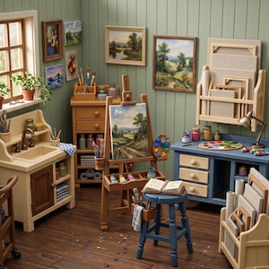 Puede incluir: Un set de estudio de arte en miniatura que incluye un caballete de madera con una pintura de paisaje, un taburete azul, un fregadero, un escritorio azul con cajones, un estante para lienzos y varios suministros de arte como tubos de pintura.