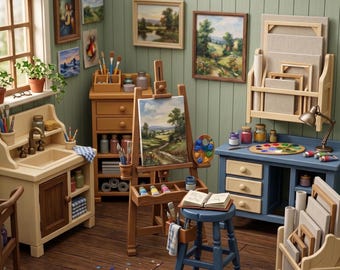 Può includere: Un set da studio d'arte in miniatura con un cavalletto in legno con un dipinto di paesaggio, uno sgabello blu, un lavandino, una scrivania blu con cassetti, un supporto per tele e varie forniture artistiche tra cui tubetti di colore.