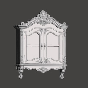 May include: A light gray wall-mounted cabinet featuring two glass-paneled doors with small round knobs. The frame is decorated with intricate carved scrollwork and floral motifs along the top crest, corners, and the base, supported by two feet.