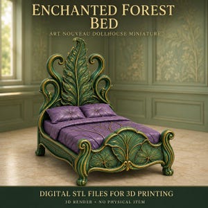 May include: A miniature dollhouse bed with a green and gold frame featuring leaf-shaped headboard and footboard designs. The bed includes purple bedding with a quilted texture. Text reads: ENCHANTED FOREST BED ART NOUVEAU DOLLHOUSE MINIATURE DIGITAL STL FILES FOR 3D PRINTING 3D RENDER NO PHYSICAL ITEM.