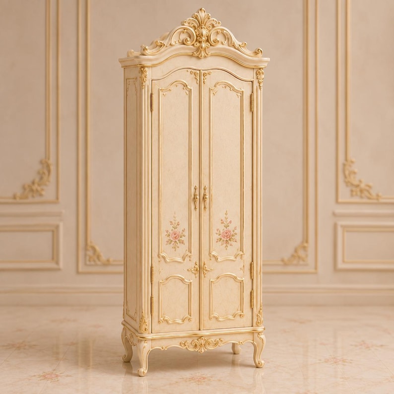 May include: A tall, cream-colored armoire featuring two doors with ornate gold-toned trim and carved detailing. The front panels are decorated with delicate painted pink rose motifs. It stands on four curved legs and has a decorative arched top.