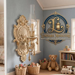 May include: A cream-colored dollhouse wall sconce with a glass chimney and a candle. The sconce has ornate detailing and crystal-like accents. The image also shows a dollhouse interior with a teddy bear, toy blocks, and a bookshelf. The logo reads "Luminara Miniature".