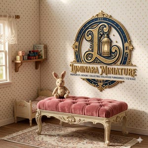 May include: A miniature dollhouse bedroom scene featuring a pink tufted bench with ornate cream-colored legs. A stuffed bunny sits on the bench. The wall has a decorative sign that reads "Luminara Miniature" and a shelf with toys.
