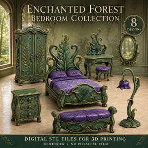 Peut inclure: Une collection numérique de 8 modèles de meubles de chambre intitulée Enchanted Forest Bedroom Collection. L'ensemble comprend un lit, une armoire, une table de chevet, une coiffeuse avec tabouret, un miroir et une lampe, ornés de feuilles vertes.