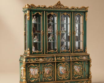 Può includere: Una vetrina antica verde e oro con ante in vetro, che espone statuette. L'armadio presenta dettagli dorati ornati, pannelli dipinti con figure di cherubini e una parte superiore decorativa. Un mobile classico.