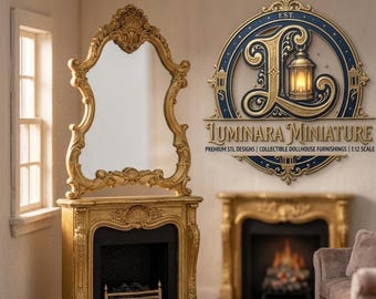 Può includere: Un caminetto dorato in miniatura con interno nero e uno specchio decorativo. Lo specchio e il caminetto sono ornati, con intagli dettagliati. L'immagine presenta anche un logo che recita "Luminara Miniature" e il testo "Premium STL Designs | Collectible Dollhouse Furnishings | 1:12 Scale."