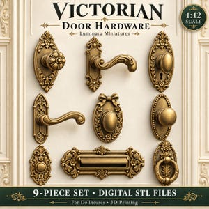 May include: A 9-piece set of Victorian door hardware in 1:12 scale for dollhouses, featuring brass-toned metal finishes. The collection includes various ornate door knobs, lever handles, a mail slot, and a door knocker with intricate floral details.