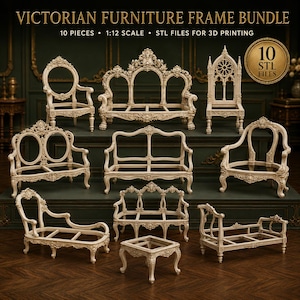 Peut inclure: Un ensemble de cadres de meubles victoriens comprenant 10 pièces de fichiers STL à l'échelle 1:12 pour l'impression 3D. La collection présente des cadres miniatures crème de chaises, canapés et bancs avec des détails sculptés complexes.
