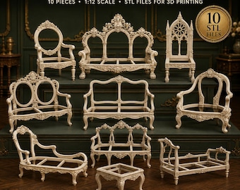 May include: A Victorian furniture frame bundle containing 10 pieces of 1:12 scale STL files for 3D printing. The collection features ornate, cream-colored miniature chair, sofa, and bench frames with intricate carved detailing and open structures.