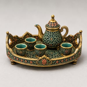 May include: A miniature tea set featuring a round tray with an ornate, openwork lattice pattern in dark green and gold. The set includes a matching teapot and four small cups, all decorated with intricate floral motifs in pink and gold accents.