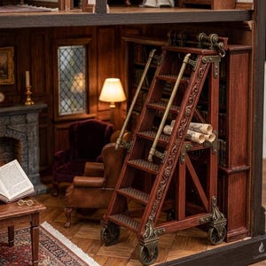 May include: Miniature library scene with a rolling ladder. The ladder is made of dark wood with brass accents and wheels. The library features a fireplace, bookshelves, and a reading chair. The scene is lit by a warm lamp.